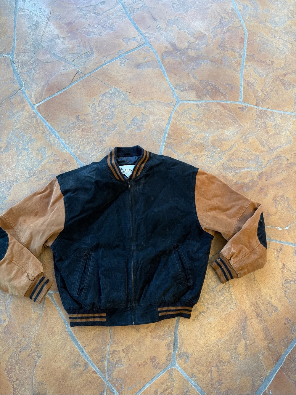 Vintage Avalanche Men's Black Brown Bomber Jacket Full Zip Band Collar Size L
